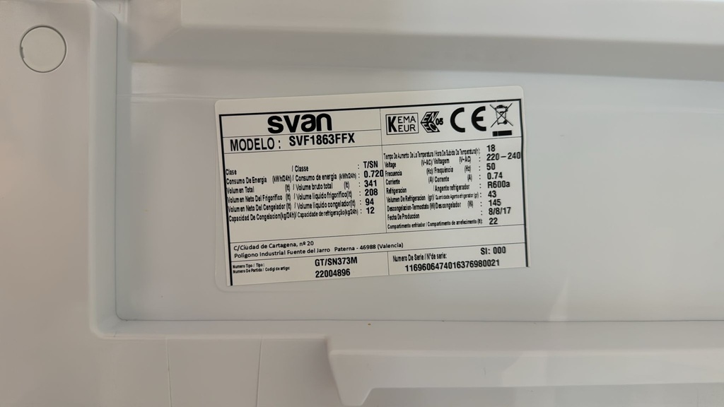 SVF1863FFX FRIGORÍFICO COMBI 185X60 CM SVAN NO FROST INOXIDABLE