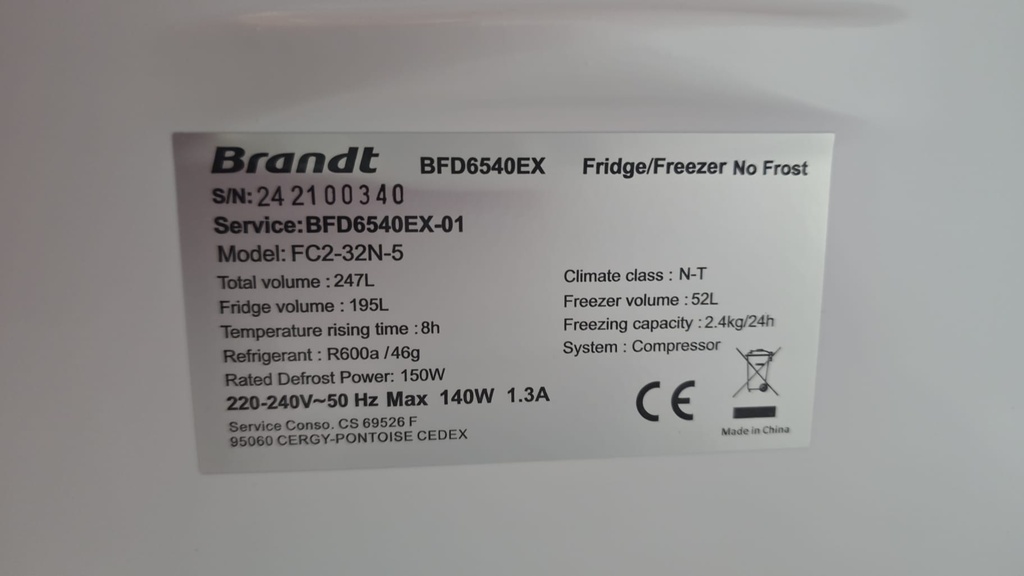 FC2-32N-5 FRIGORÍFICO 166X55 CM BRANDT NO FROST INOXIDABLE 